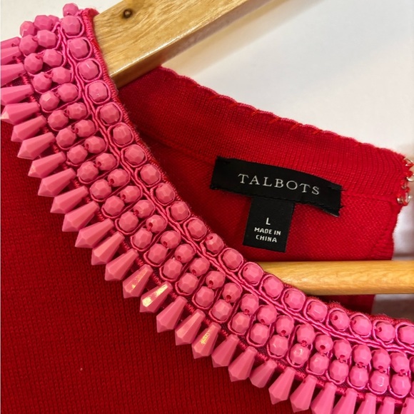 Talbots Beaded Crewneck Pullover Red Cotton Pink Beads - Picture 2 of 8